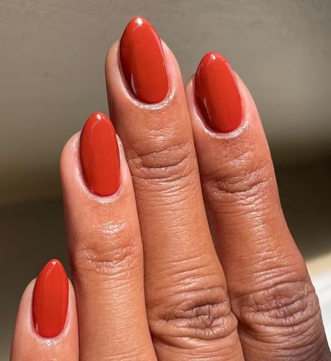 Orange Classy Nails, Red Orange Nail Color, Red Orange Fall Nails, Morocco Inspired Nails, Ochre Nails, Fun Nails Fall, Rusty Orange Nails, Fall Solid Color Nails, Sunset Orange Nails