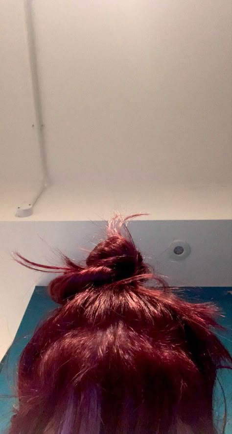 Red hair messy bun Messy Bun Red Hair, Hair Messy Bun, Cherry Cola Hair, Cherry Red Hair, Gym Mirrors, Hair Messy, Dark Red Hair, Hair Idea, Cherry Cola