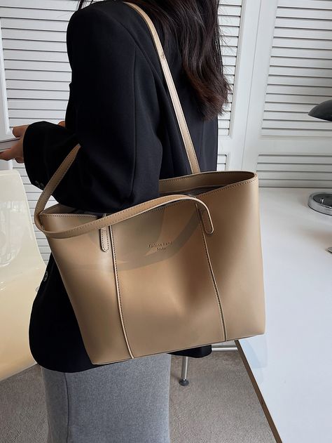 Khaki Elegant Collar  PU Leather Plain Shoulder Tote Bag Embellished   Women Bags University Bag, Bags For Teens, Elegant Bags, Embroidered Bag, Tote Bag Pattern, Shoulder Tote Bag, White Collar, Womens Tote, Shoulder Tote