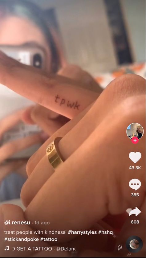 Tik Tok Tattoo Ideas, Harry Styles Stick And Poke Tattoo, Stick Poke Tattoo, Harry Styles Tattoos, Stick N Poke Tattoo, Poke Tattoo, Stick And Poke, Treat People With Kindness, Get A Tattoo