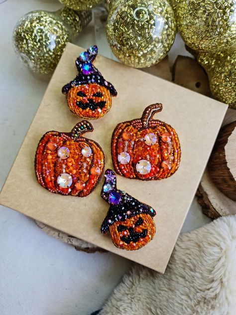 Halloween Beaded Brooch, Goldwork Embroidery, Bead Brooch, Pumpkin Bead, Beads Work, Embroidered Necklace, Halloween Beads, Gold Work, Brooches Handmade