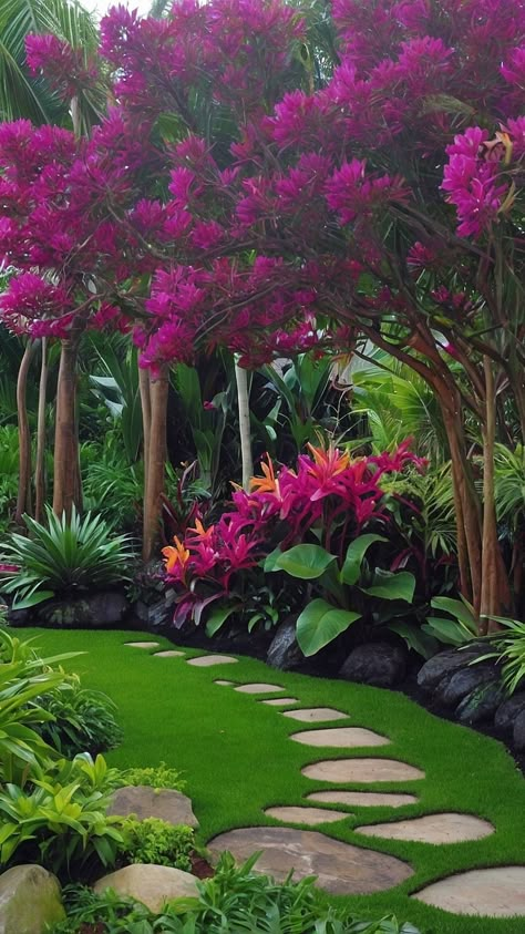 Magical Landscaping, Tropical Landscaping Front Yard, Brentwood Oasis, Tropical Backyard Ideas, Landscaping Tropical, Stunning Landscaping, Tropical Garden Ideas, Tropical Backyard Landscaping, Tropical Landscape Design