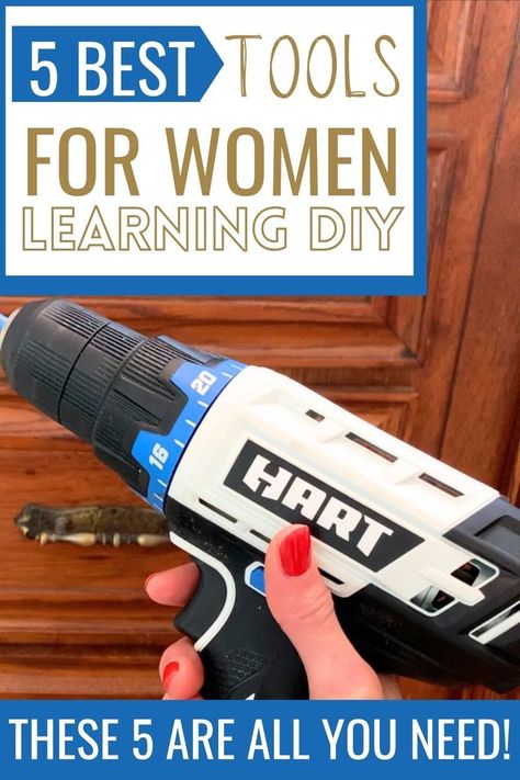 A female hand holding a hart brand power drill in front of old kitchen cabinets. The text reads "5 best tools for women learning DIY" and in smaller text "these 5 are all you need!" How To Use Power Tools, Tools Needed For Diy Projects, Renovations On A Budget, Crafting Hacks, Diy Home Updates, Old Houses Renovation, Home Improvement Diy, Key Diy, Cheap Tools