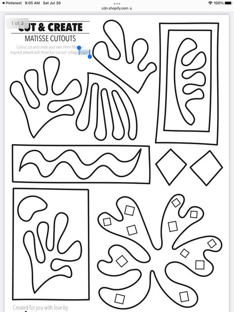 Matisse Art Project, Matisse Kids, Kids Art And Craft, Free Craft Templates, Matisse Kunst, Activity Printables, Art History Lessons, Elementary School Art, Matisse Cutouts