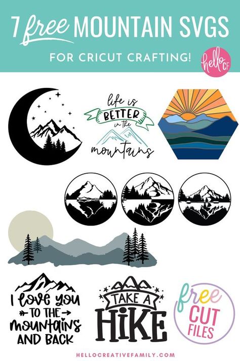 7 Free Mountain SVG Files Including Mountain Moon Cut File #svg #svgquotes #svgideas #svgfiles #freesvg #svgdesigns Explore More Svg, Cricut Mountain Projects, Adventure Svg Files Free, Free Best Friend Svg Files For Cricut, Free Nature Svg Files For Cricut, Cricut Vacation Projects, Outdoor Svg Free, Free Mountain Svg Files For Cricut, Free Shirt Svg