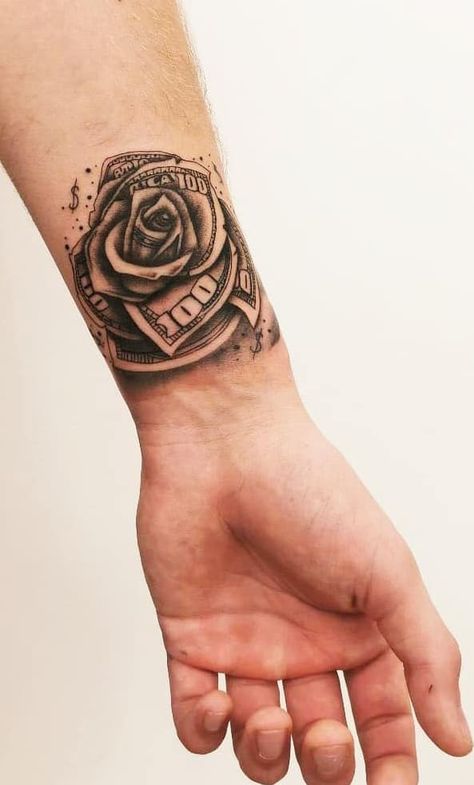 Small Sized Tattoos For Guys, Small Money Tattoo Ideas For Men, New Trend Tattoo For Men, Unique Tattoo Designs Sleeve For Men, Front Wrist Tattoos Men, Money Rose Tattoo For Men, Men’s Tats, Life Is A Game Tattoo, Small Forearm Tattoo Men Ideas Unique