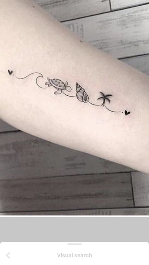 Feminine Beach Tattoo, Seashells Tattoo Ideas, Forearm Beach Tattoo, Honey Moon Tattoo, Hawaiian Hand Tattoo, Palm Tree Heart Tattoo, Small Tattoo Ocean, Feminine Hawaiian Tattoos, Wave Sunset Tattoo