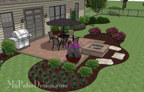 landscaping around a square patio - Google Search                                                                                                                                                      More Curved Backyard Landscaping, Simple Patio Landscaping, Landscaping Around Rectangle Patio, Small Patio Planting Ideas, Covered Porch Landscaping, 10x12 Patio Ideas, Patio Border Landscaping, Family Backyard Design, Pantry Larder