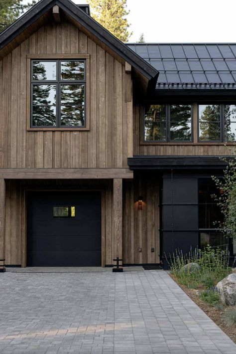 Wood And Black Exterior House, Wooden House Colors Exterior, Steel Siding House, Scandinavian Farmhouse Exterior, Modern Rustic Scandinavian, Dark Farmhouse, Martis Camp, Rustic Lake Houses, Cabin Exterior