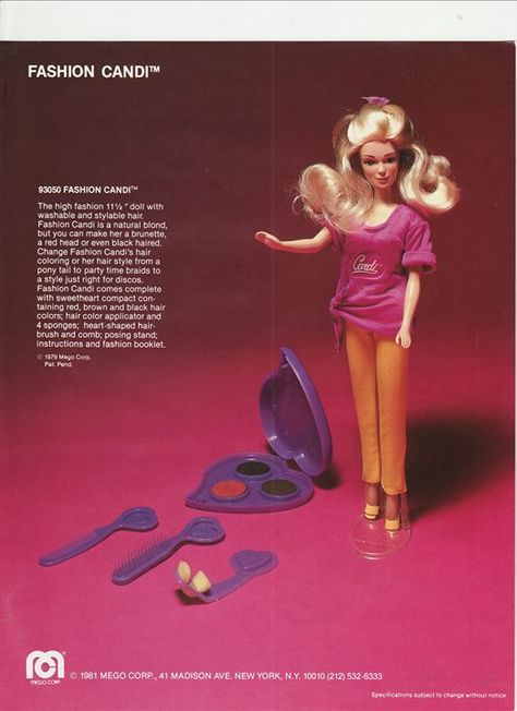 Ad for Mego's Fashion Candi doll 1980s Dolls, Candi Doll, Black Hair Colors, Brown And Black Hair, Heart Brush, Fashion Booklet, Girl Toys, Doll Vintage, Doll Collection