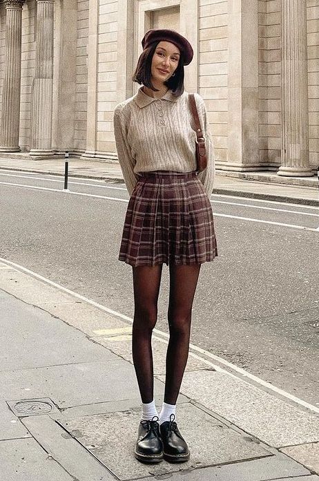 Dark Academia Loafer Outfit, Plaid Skirt And Loafers Outfit, Red Tweed Skirt Outfit, Brown Plaid Pleated Skirt Outfit, November Outfits 2022, Courderoy Skirt Outfits Women, Shop Cider Outfits, Formal Outfit Winter, Mystical Aesthetic Outfits