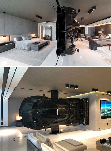 This modern oceanfront condo in Miami has a Pagani Zonda R racing car installed as part of the decor, that serves as a high-impact partition between the living room and master suite. #RacingCar #RoomDivider #ModernInterior Skjulte Rum, Millionaire Mansion, Zonda R, Pagani Zonda R, Luxury Garage, Cars Room, Pagani Zonda, Oceanfront Condo, Garage Design