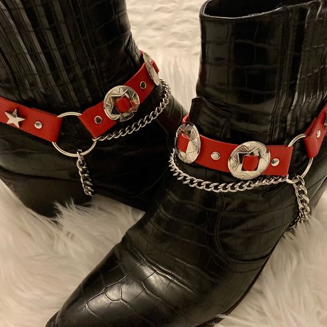 ⛓RED HOT Concho Boot straps⛓ Red & Silver Handmade using durable PU leather (vegan) and thick stainless steel chain. Riveted and built to last, surprisingly lightweight and very comfortable. Adjustable strap. They come as a pair. Boots not included! ⚡Sizing⚡ These straps fit most western/military/cowboy boot styles and all heel sizes as they have an adjustable strap.  S/M will fit UK sizes 3-9, US Women's sizes 5.5-11,EU sizes 35.5-42.  M/L will fit all sizes up to UK 12, US Men's 13, EU 47.  If Cowboy Boots Spurs, Red Cowboy Aesthetic, How To Style Cowboy Boots Women, Boot Spurs, Cowgirl Chaps, Boot Charms, Cowboy Accessories, Texas Cowboy, Texas Cowboys