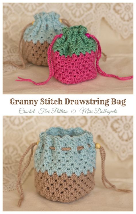 Granny Stitch Drawstring Bag Crochet Free Patterns - Crochet & Knitting Crocheted Purses, Crochet Granny Stitch, Pouch Ideas, Crochet Drawstring Bag, Crochet Mini Bag, Granny Stitch, Patterns Simple, Crochet Bag Pattern Free, Bag Pattern Free