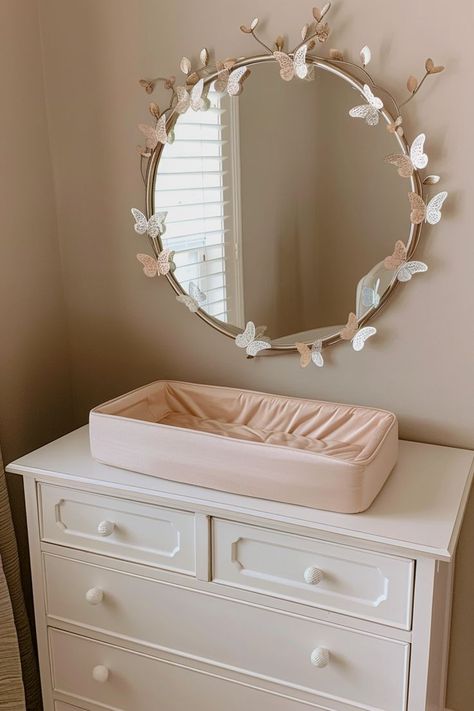 a mirror with butterfly around the frame Butterfly Nursery Ideas, Dream Nursery Theme, Butterfly Nursery Themes, Elegant Baby Nursery, Purple Baby Rooms, Butterfly Baby Room, Forest Nursery Theme, Pink And Green Nursery