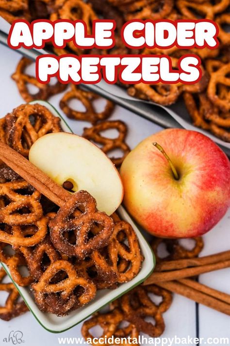 Enjoy the perfect balance of sweet, salty, and crunchy with these apple cider seasoned pretzels! This easy snack recipe takes just a few minutes to whip up in the microwave and delivers all the fun, favorite flavors of fall in every bite. Pretzel Flavor Recipes, Apple Pie Pretzels, Salty Fall Snacks, Flavored Pretzels Recipes, Pretzel Snacks Recipes, Christmas Salty Snacks, Salty Christmas Snacks, Savory Snack Mix Recipes, Fall Pretzels