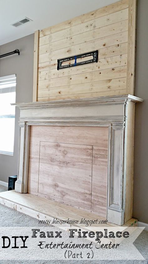 DIY Faux Fireplace Entertainment Center: Part One - Bless'er House Faux Foyer, Faux Fireplace Mantels, Fake Fireplace, Faux Fireplace Diy, Diy Entertainment, Fireplace Entertainment Center, Fireplace Entertainment, Old Fireplace, Plank Walls