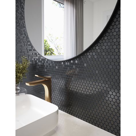 Speed tiles 12'' W x 11.97'' L Metal Peel and Stick Mosaic Tile | Wayfair Large White Tiles, Penny Tiles Bathroom, Tile For Wall, Black Tile Bathrooms, Patterned Wall Tiles, Exterior Tiles, Apartment Vibes, Penny Round Tiles, Tiles For Wall