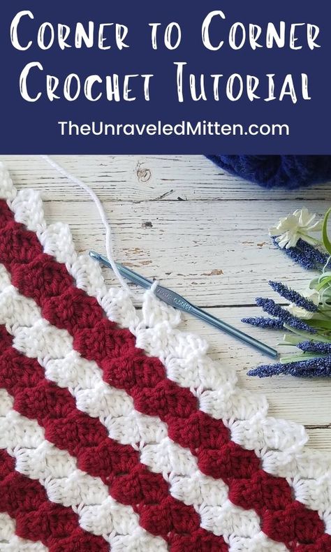 Master this versatile stitch once and for all with this video tutorial! The Corner to Corner (C2C) stitch looks great in stripes, solids and graphgans. C2c Crochet Pattern Free Beginner, Corner To Corner Crochet Pattern Free, C2c Projects, Corner Rug, Mitten Crochet, American Flag Crochet, Crocheting Stitches, Corner To Corner Crochet Pattern, Crochet C2c Pattern