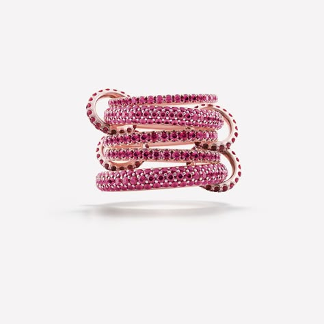 The Delphinus Rouge is comprised of five linked rings of 18k rose gold, set with full cut micro pavé dark pink sapphires. All bands are joined by 18k rose gold connectors pavé-set with full-cut rubies. Each Delphinus Rouge is individually handmade in Los Angeles. Bands: 18k rose gold 1.7mm gauge 18k rose gold band 3.8mm gauge 18k rose gold band 2.3mm gauge 18k rose gold band 2.3mm gauge 18k rose gold band 4.5mm gauge 18k rose gold band Stones: dark pink sapphires (approx. 6.80 cttw) Connectors: Linked Rings, Mushroom Jewelry, Luxury Jewelry Brands, Dope Jewelry, Linking Rings, Classy Jewelry, Luxury Rings, Stacked Jewelry, Jewelry Lookbook