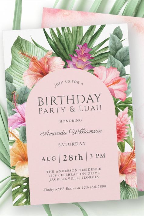 Lush Tropical Floral Birthday Party and Luau Invitation! #birthday #happybirthday #birthdaycards #birthdayparty #floral #tropical Hawaii Birthday Party, Tropical Birthday Invitations, Luau Invitations, Future Human, Tropical Birthday Party, Tropical Invitations, Floral Birthday Party, Hawaii Party, Tropical Birthday