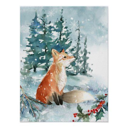 Watercolor winter woodland scene fox Christmas Poster Fox Watercolor, Forest Gift, Snowy Woods, Fox Poster, Diy Christmas Garland, Holly And Berries, Fox Christmas, Christmas Forest, Woodland Fox