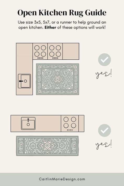 Open Kitchen Rug Size Guide for No Island: Use size 3×5, 5×7, or a runner to help ground an open kitchen. Either of these options will work! Mixing Rugs In Open Floor Plan Kitchen, What Size Rug For Kitchen, Kitchen Island Runner Rug, Rugs For Square Kitchen, Area Rugs In Kitchen Ideas, Square Kitchen Rug Ideas, Kitchen With Runner Rug, U Shaped Kitchen Rug Placement, Kitchen Island Rug