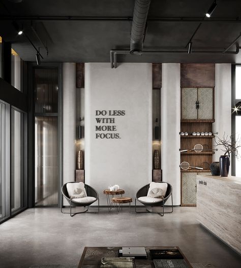 Industrial Space Design, Industrial Waiting Area, Industrial Office Lobby, Black And White Office Design, Factory Interior Design, Boardroom Design, Office Lobby Design, Insignia Design, Lobby Designs