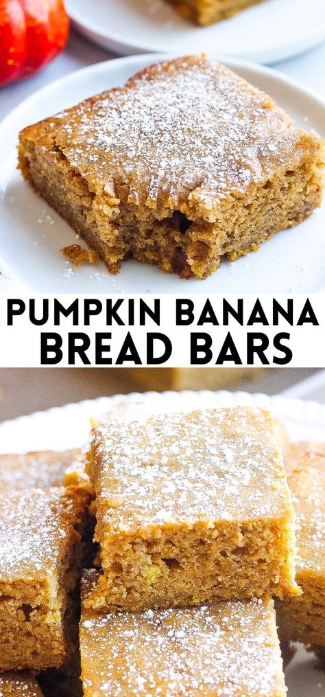 Pumpkin Banana Bars With Cream Cheese Frosting, Baked Goods With Pumpkin Puree, Fall Recipes With Bananas, Banana Pumpkin Healthy Recipes, Breakfast Pumpkin Bars, Banana Fall Desserts, Pumpkin Banana Dessert, Pumpkin Banana Oatmeal Bars, Easy Pumpkin Banana Bread