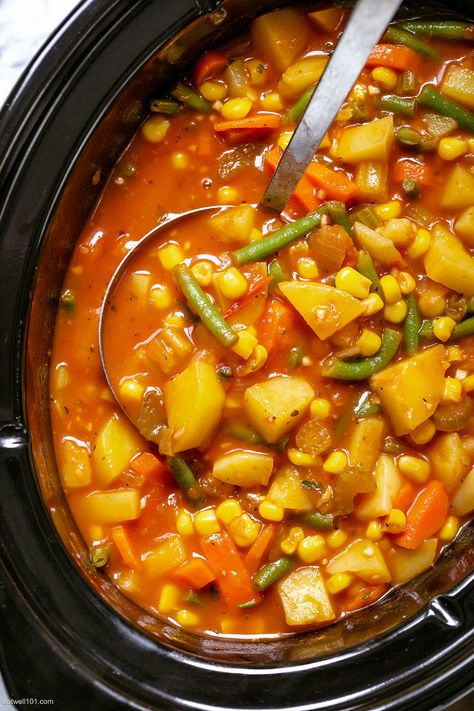 Slow Cooker Vegetable Soup - #vegetable #soup #recipe #slowcooker #eatwell101 - Enjoy Slow Cooker Vegetable Soup Recipe for an easy dinner. Throw everything into the crock pot for a veggie soup full of flavor! - #recipe by #eatwell101® Crockpot Veggie Noodle Soup, Weight Watchers Vegetable Soup, Slow Cooker Vegetable Soup, Crockpot Vegetable, Soup Recipes Uk, Vegetable Soup Crock Pot, Slow Cooker Soup Recipes, Vegetarian Slow Cooker, Veggie Soup Recipes