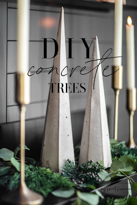 DIY modern concrete Christmas trees - My Sweet Savannah Concrete Christmas, Concrete Candle Holders Diy, Christmas Mantel Garland, Holiday Diy Projects, Christmas Entryway, Concrete Candle Holders, Christmas Vignettes, Diy Tree, Concrete Candle