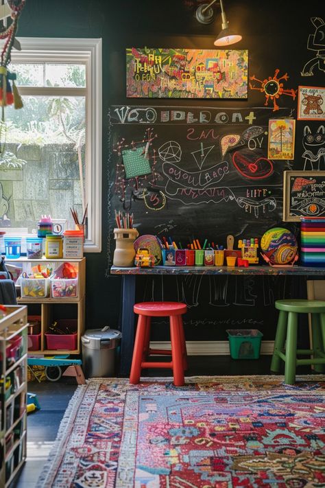 Creative kids' room with a dedicated art corner, featuring a chalkboard wall, craft table, and art supplies Colorful Homeschool Room, Maximalist Toddler Room, Maximalist Kids Bedroom, Kid Friendly Interior Design, Kids Room Color Ideas, Children Room Design Modern, Colorful Childrens Room, Maximalist Playroom, Boy Bedroom Ideas Kids