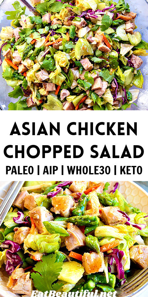 Asian Chicken Chopped Salad makes a delectable lunch or dinner entrée with an amazing texture and incredible dressing. | paleo | whole30 | aip | keto Aip Sweet And Sour Chicken, Paleo Chinese Recipes, Keto Asian Chicken Salad, Hypothyroid Recipes, Keto Easy Recipes, Whole 30 Salads, Gluten Free Low Fodmap, Aip Keto, Salad Spring