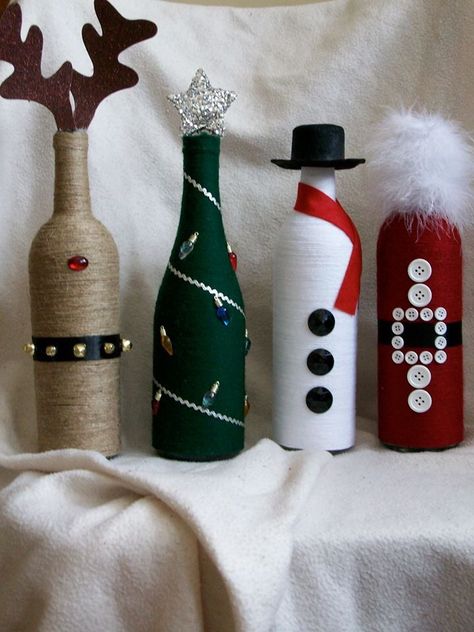 Christmas decor. wine bottles snowman. reindeer. santa. christmas tree. up-cycled wine bottles. #DIY #winebottles #recycle #holiday #deocr Wine Bottle Painting Ideas, Holiday Wine Bottle Crafts, ขวดโหล Mason Jar, Wine Bottle Painting, Painting Ideas For Home, Bottle Painting Ideas, Diy Wine Bottle Crafts, Wine Bottle Christmas Decorations, Wine Bottle Crafts Christmas