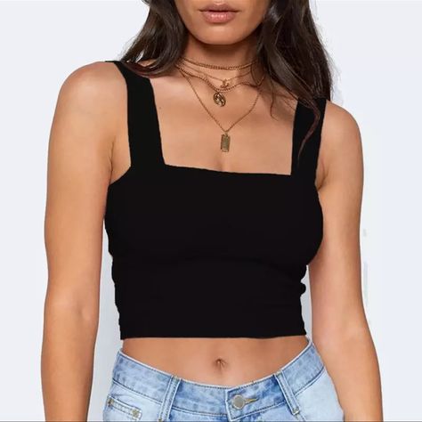 Square Neck Sleeveless Crop Top Black Crop Top Blanco, Top Azul, Summer Crop Top, Backless Tank Top, Colorful Crop Tops, Rave Outfit, Crop Top Casual, Mode Casual, Summer Crop Tops