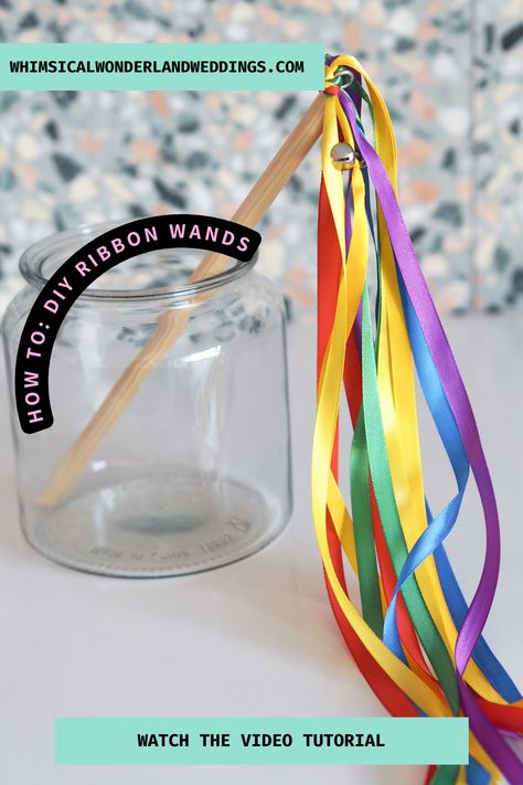 Learn how to make simple and fun ribbon wands with ease. Check out the step-by-step photos or video. #wedding #ribbonwand #diy #tutorial Flower Wand Diy, Diy Ribbon Wand, Princess Wands Diy, How To Make Wands, Diy Ribbon Wands, Festival Marketplace, Wedding Ribbon Wands, Ribbon Sticks, Toddler Sensory Bins