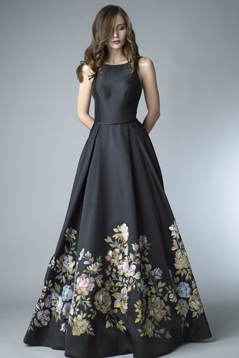 D8024L | Hand Painted Floral Print Gown | Basix Black Label Witchs Dress, Weddibg Dresses, Appa Embroidery, Painting Dress, Basix Black Label, Floral Print Gowns, Moda Floral, Shrug For Dresses, Long Gown Dress