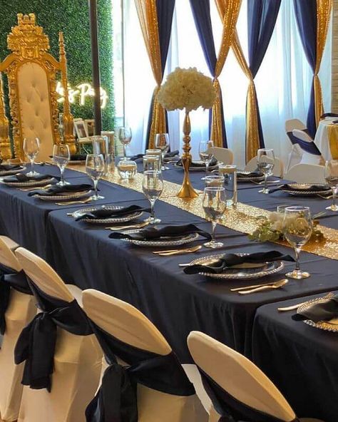 Make your reception table décor a grand affair using our imperial blue rectangular tablecloth combined with the acrylic gold beaded charger plates, gold metallic flower vases decorated with artificial silk hydrangea flowers. Use our royal navy blue sashes to cover the chairs to make them ooze grandeur near the tables. Place the rich looking satin linen napkins beside the plates to complete the table décor look with perfection. Beaded Charger Plates, Blue Tablescape, Event Decor Ideas, Party Decorations Table, Royal Navy Blue, Reception Table Decorations, Imperial Blue, Silk Hydrangeas, Decorations Table