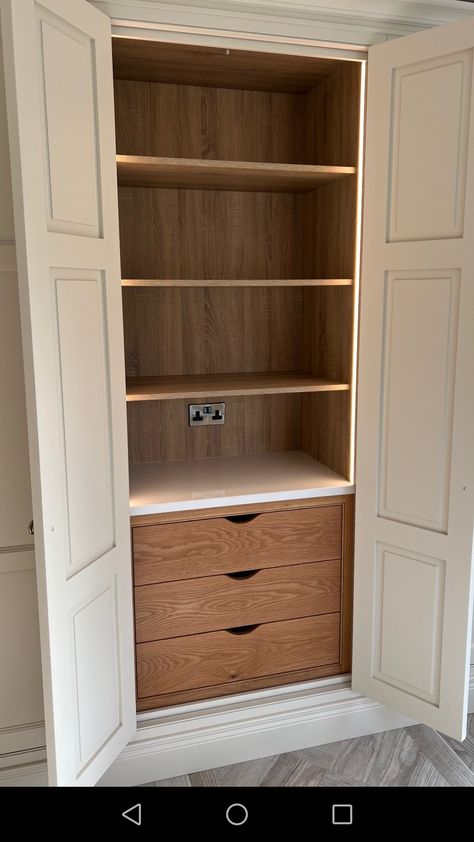 Larder Cupboard With Microwave, Flat Pantry Ideas, Tall Cupboards Kitchen, Built In Storage Cupboard, Living Room Storage Closet, Tall Larder Cupboard, Ramen Storage Ideas, Small Pantry Cupboard Ideas, Kitchen Cupboards In Dining Room