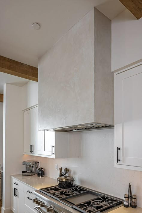 Slanted Range Hood, Hood Fan Vaulted Ceiling, Simple Hood Vents Kitchen, Plastered Cooker Hood, Range Hood Slanted Ceiling, Quartz Range Hood, Minimalist Range Hood Ideas, Faux Plaster Range Hood, Limewash Kitchen Hood