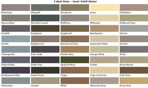 Cabot Solid Color Decking Stain | Solid Wood Stain Colors - Fence and Deck Stains - Color samples for ... Opaque Deck Stain Colors, Solid Stain Deck Colors, Semi Solid Stain, Cabot Stain, Exterior Stain Colors, Deck Stain Colors, Solid Stain Colors, Paint Color Combos, Grey Stained Wood