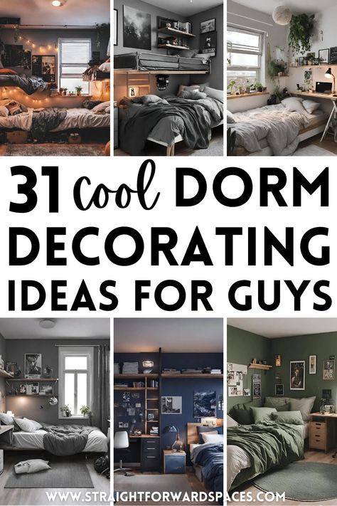 Here you will find 31 cool dorm room decorating ideas for guys. These ideas will transform your dorm on a budget, there are pictures of a variety of different dorm rooms, all with unique decorations and colour schemes. Some common themes are wall art, plants, pops of color, throws, cushions and rugs. Guy Dorm Room Aesthetic, Masculine Dorm Room Ideas, Male College Dorm, College Boys Bedroom Ideas, Men’s Dorm Room Ideas, Boy Dorm Room Ideas Colleges, Dorm Room Designs For Guys, Male Dorm Room Ideas Colleges, Room Decor Ideas Color