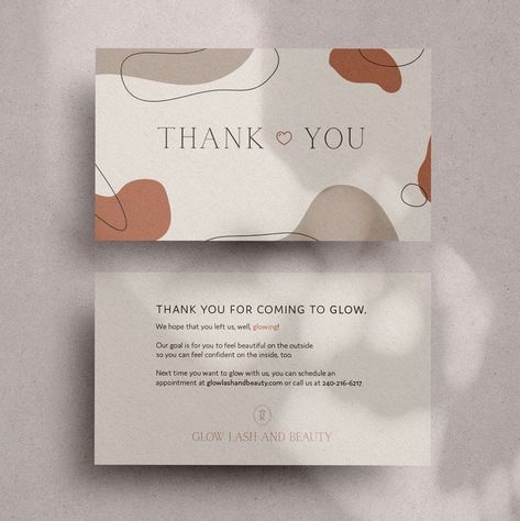 A premade thank you card with a clean, boho, abstract design on the front and a sweet scripted message on the inside for clients to read for Glow Lash and Beauty. Simple branding, neutral colors, boho aesthetic, print design, beauty branding, spa branding, beauty branding, minimalist line art, warm colors, earth tones, cozy vibes. Branding Minimalist, Beauty Branding, Spa Branding, Buisness Cards, Aesthetic Print, Name Card Design, Packaging Ideas Business, Small Business Packaging Ideas, Thank You Card Design