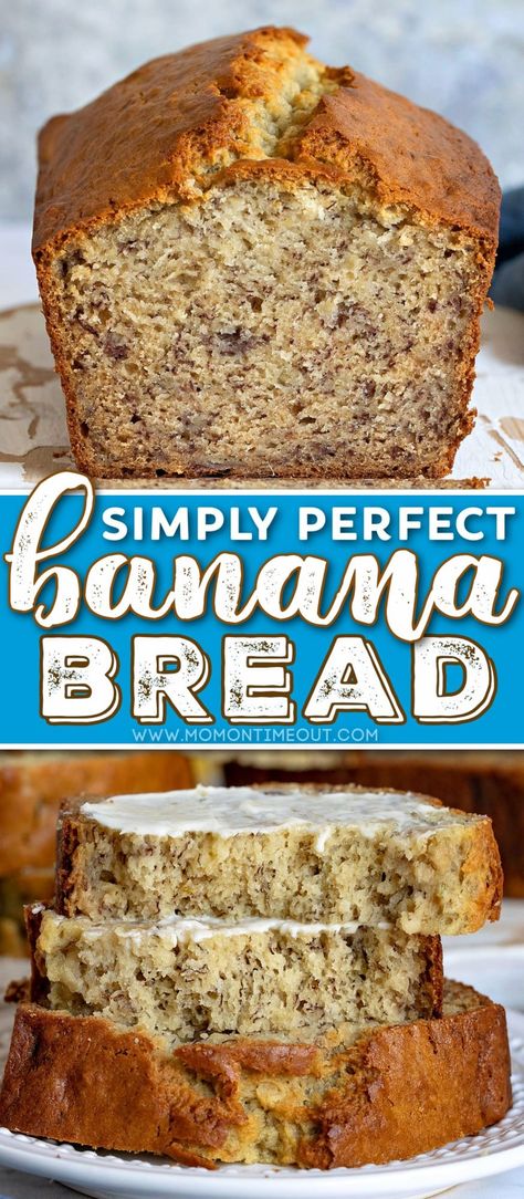 Simply the perfect Banana Bread recipe. Moist, quick and easy to make with a soft, tender crumb. Truly the best Banana Bread I’ve ever had and our favorite way to use up ripe bananas! This simple banana bread recipe easily doubles so make extra and freeze for later! // Mom On Timeout Simple Banana Bread Recipe, Perfect Banana Bread Recipe, Banana Bread Recipe Easy Moist, Simple Banana Bread, Perfect Banana Bread, Best Banana Bread Recipe, The Best Banana Bread, Banana Bread Recipe Moist, Moist Banana Bread