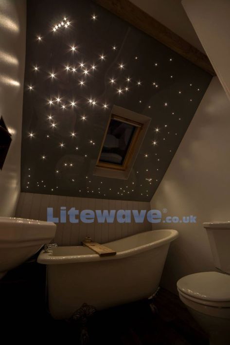 Slanted Ceiling Bathroom, Fiber Optic Ceiling, Starry Ceiling, Star Lights On Ceiling, Fiber Optic Lighting, Globe Ceiling Light, Slanted Ceiling, Star Ceiling, Bathroom Ceiling