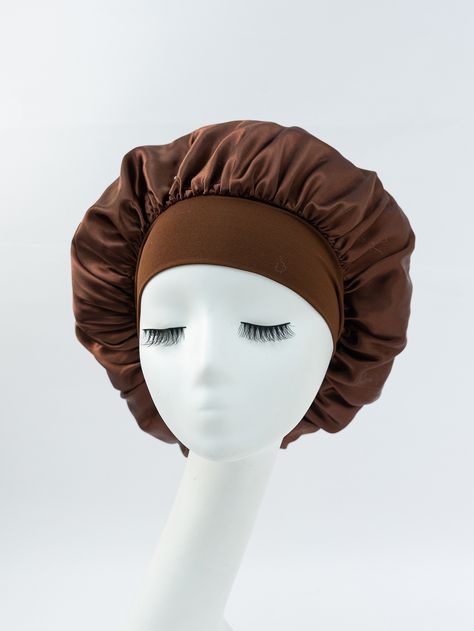 Coffee Brown  Collar  Satin Plain  Embellished   Women Accessories Sleep Hairstyles, Sleep Hat, Night Hairstyles, Silk Bonnet, Bonnet Cap, Satin Bonnet, Hair Bonnet, Bonnet Hat, Anti Frizz