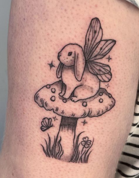 Bunny And Mushroom Tattoo, Bee And Mushroom Tattoo, Fairycore Aesthetic Tattoo, Dainty Cottagecore Tattoo, Mushroom Teacup Tattoo, Gothic Cottagecore Tattoo, Fairy Core Tattoo Ideas, Fairy Garden Tattoo Ideas, Fairy Animal Tattoo