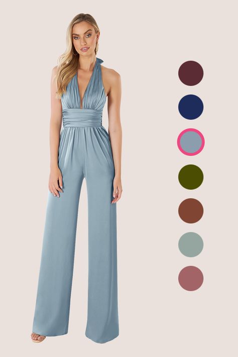 Skip the bridesmaid dress and opt for the chic and sleek comfort of our Oli jumpsuit, perfect for the modern bridesmaid. Go backless with our eye-catching deep V-neckline halter, featuring an elegant bow closure. We designed this with a pleated waistband and palazzo pants to keep you feeling breezy all night long. Bridesmaid Pantsuit, Pantsuit Wedding, Steel Blue Bridesmaid Dresses, Bridesmaids Jumpsuits, Plus Size Bridal Dresses, Modern Bridesmaid, Stretch Satin Dress, Dusty Blue Bridesmaid Dresses, Floral Bridesmaid