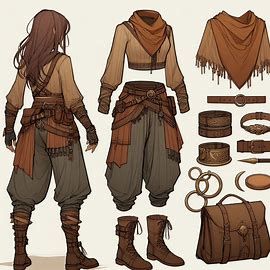 digital art style, casual warrior outfit design for a woman in dnd universe, loose pants, earthy colors, brass accessories, outfit design sheet - Image Creator from Microsoft Designer Medival Warrior Outfits, Medieval Woman Outfit, Earthy Fantasy Outfits, Dnd Oc Outfit, Fantasy Adventurer Outfit Drawing, Dnd Cosplay Ideas, Alchemist Outfit Design, Outfit Fantasy Design, Dnd Monk Outfit