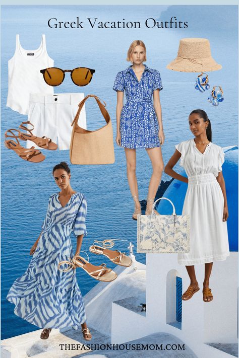 Greek Vacation Outfits Dress For Greece Vacation, Blue And White Greece Outfit, Outfit Ideas Greece, Greek Vacation Outfit Ideas, Greek Holiday Outfits, Mediterranean Cruise Outfits, Blue And White Outfit Ideas, Greek Outfit Ideas, European Vacation Outfit